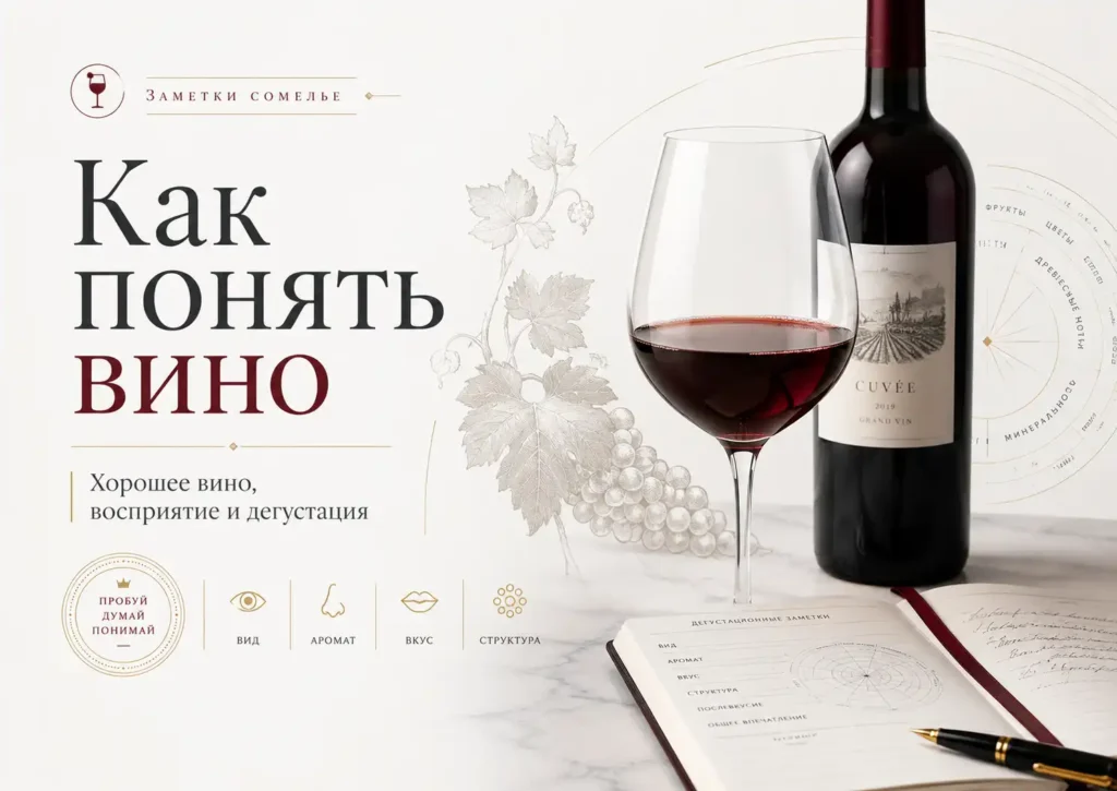 Как понять вино — бокал и бутылка красного вина, дегустационный блокнот и колесо ароматов. Заметки сомелье XWINE