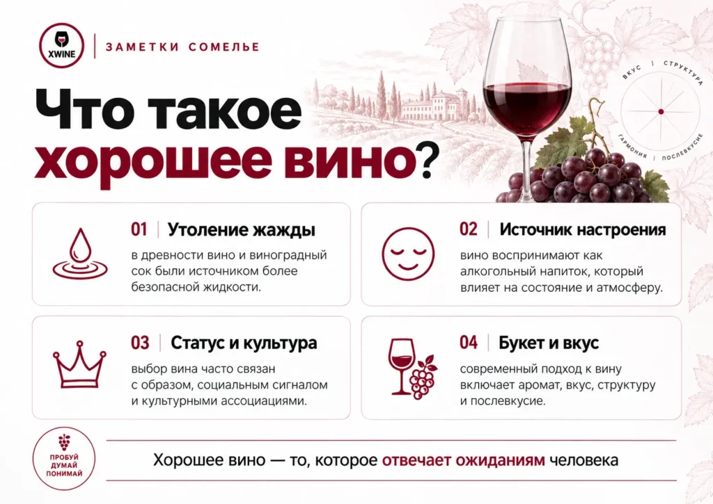 Инфографика «Что такое хорошее вино» — четыре критерия: утоление жажды, настроение, статус и культура, букет и вкус
