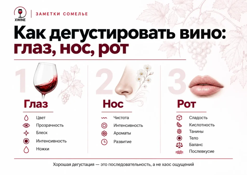 Как дегустировать вино по методу глаз–нос–рот: критерии оценки цвета, аромата, кислотности, танинов и послевкусия