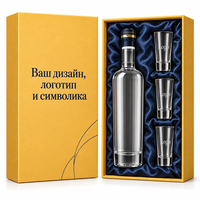 Макет: жёлтый футляр из кашированного картона бутылка и стопки, крышка-дно, тёмно-синий атласный ложемент
