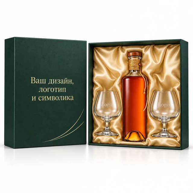 Макет: зелёный футляр из кашированного картона бутылка и коньячные бокалы, крышка-дно, золотой атласный ложемент