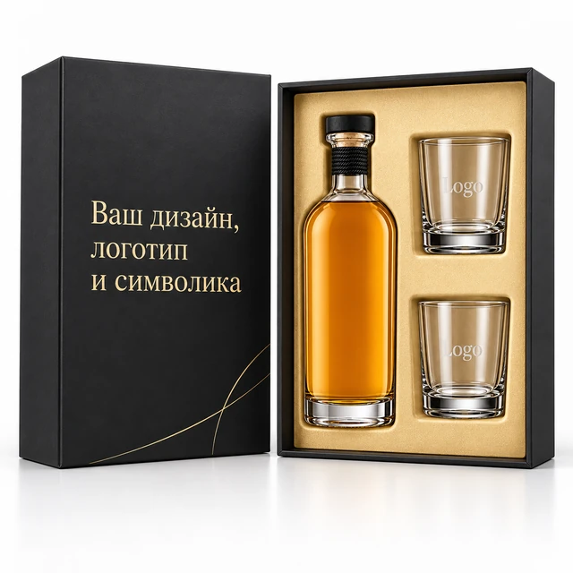 Макет: чёрный футляр из кашированного картона бутылка и стаканы для виски, крышка-дно, золотой флоковый ложемент