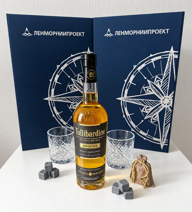 Подарочный набор для компании «Ленморниипроект» с виски Tullibardine, бокалами и камнями для виски в футляре из кашированного картона
