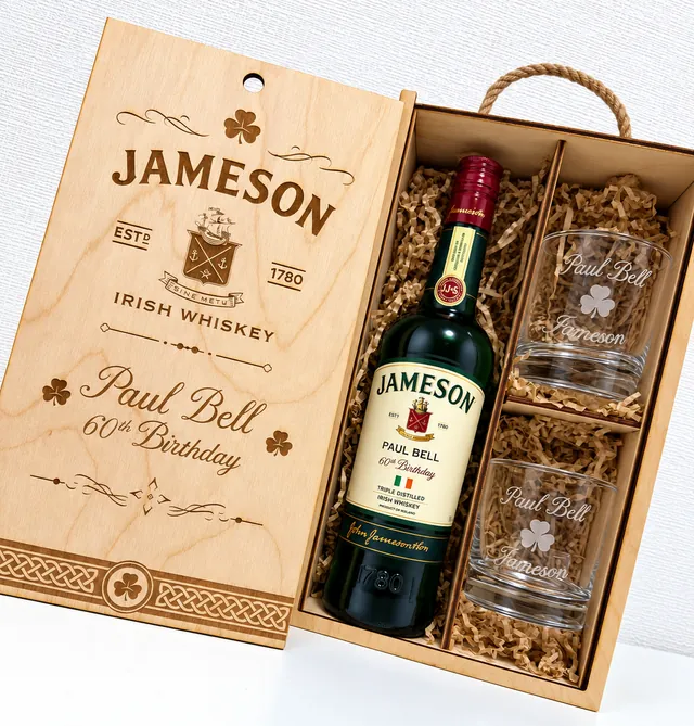 Виски Jameson и именные бокалы в деревянном пенале с поздравительной гравировкой