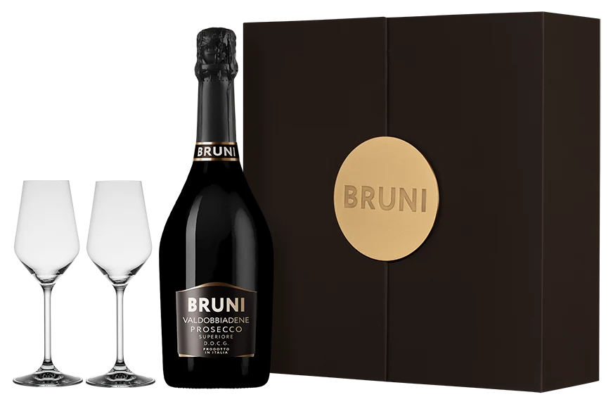 Игристое вино Bruni Prosecco Valdobbiadene в подарочной упаковке с 2-мя бокалами, 0,75 л — Италия