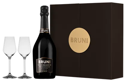 Игристое вино Bruni Prosecco Valdobbiadene в подарочной упаковке с 2-мя бокалами, 0,75 л — Италия