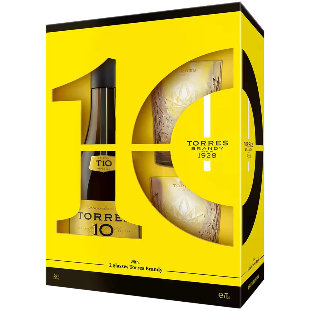 Бренди Torres 10 Gran Reserva 10 лет 0,7 л в подарочной упаковке + 2 стакана — Испания