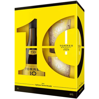 Бренди Torres 10 Gran Reserva 10 лет 0,7 л в подарочной упаковке + 2 стакана — Испания