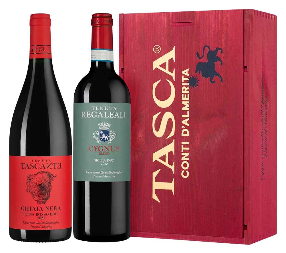 Вино в подарочном наборе Conte Tasca d'Almerita: Tascante Ghiaia Nera 2018 & Tenuta Regaleali Cygnus, 0,75 л — Италия