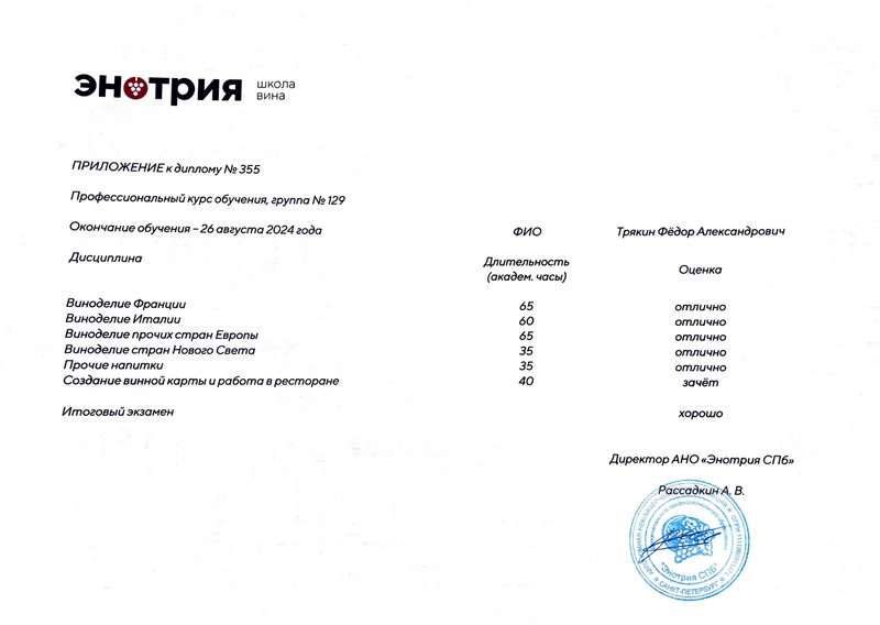 Приложение к диплому школы вина «Энотрия» — специалист XWINE